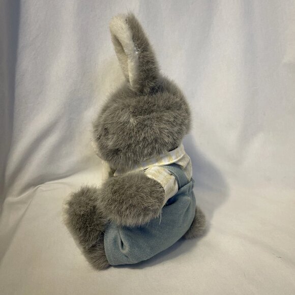 Vintage Gray Plush Bunny Rabbit Stuffed Animal with Blue Overalls 12" Sitting - Picture 2 of 10